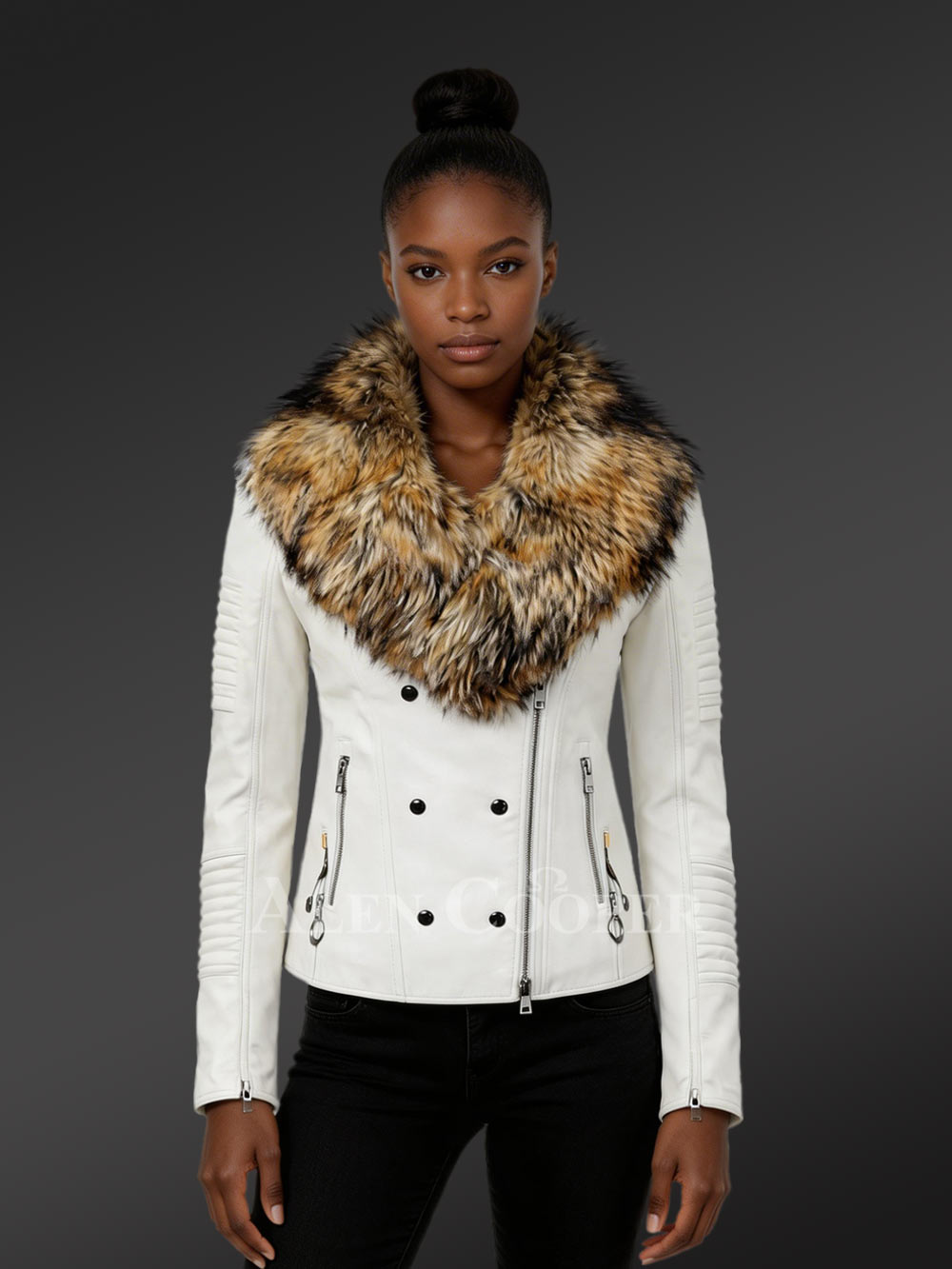 Women's Motorcycle Biker Jacket with Detachable Raccoon Fur Collar And Piped Sleeves in White