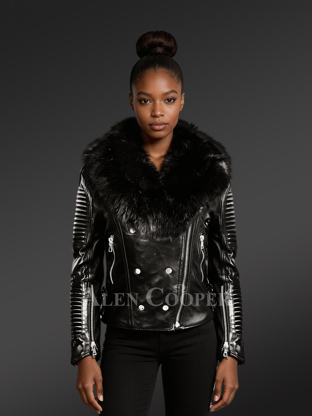 Women's Motorcycle Biker Jacket with Detachable Fox Fur Collar And Piped Sleeves in Black
