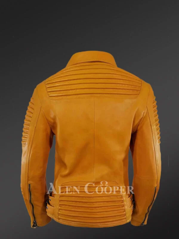 Women's Motorcycle Biker Jacket with Piped Sleeves in Yellow - Image 5