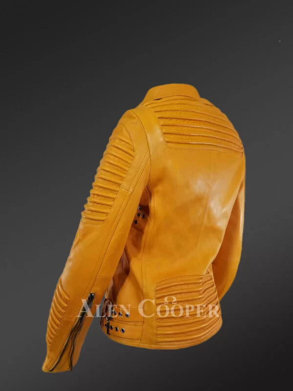 Women's Motorcycle Biker Jacket with Piped Sleeves in Yellow - Image 3