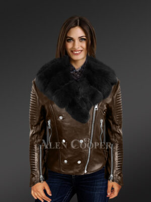 Women’s Plush Coffee Biker Leather Jacket Decked with Black Fox Fur Collar