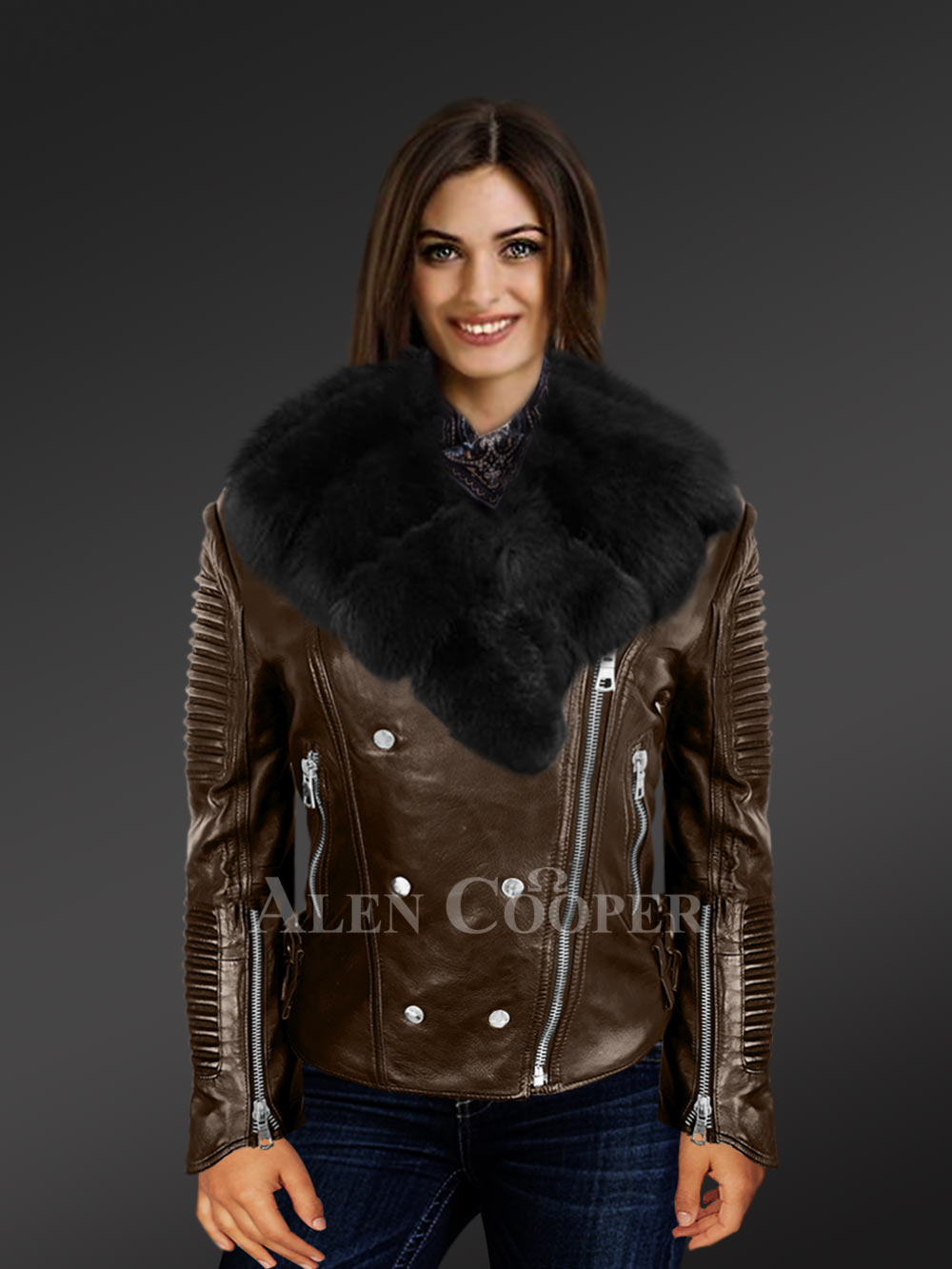 Women’s Plush Coffee Biker Leather Jacket Decked with Black Fox Fur Collar