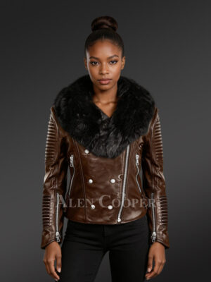 Women’s Plush Coffee Biker Leather Jacket Decked with Black Fox Fur Collar