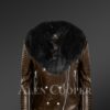 Women’s Plush Coffee Biker Leather Jacket Decked with Black Fox Fur Collar