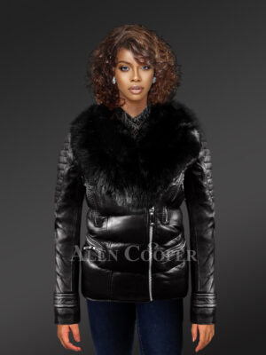 Womens Quilted Black Leather Jacket with Stylish Fox Fur Collar