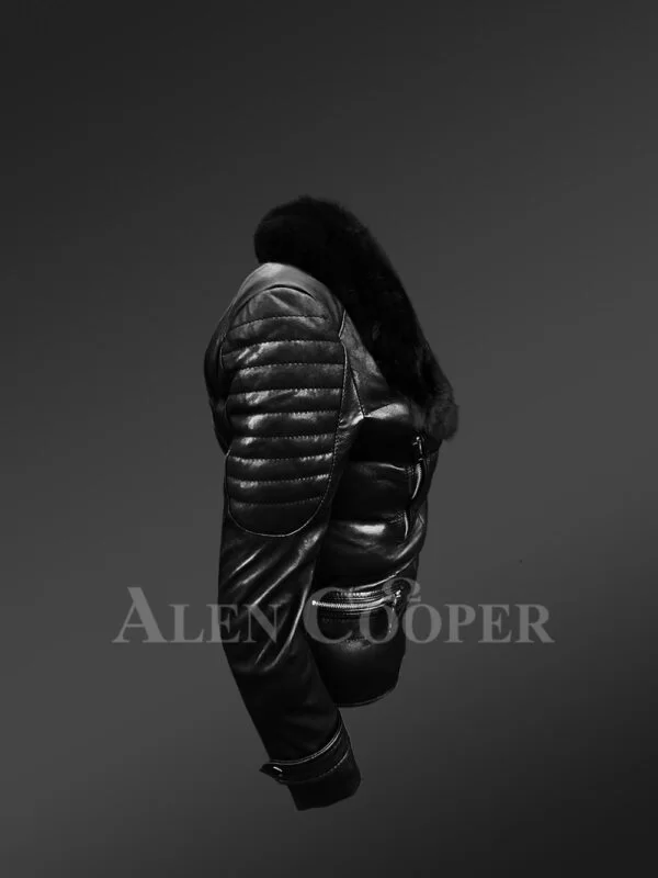 Womens Quilted Black Leather Jacket with Stylish Fox Fur Collar - Image 3
