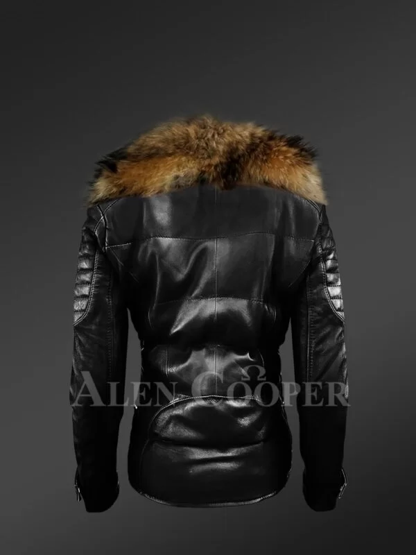 Womens Quilted Leather Biker Jacket with Detachable Raccoon Fur Collar - Image 4