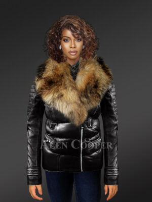 Womens Quilted Leather Biker Jacket with Detachable Raccoon Fur Collar