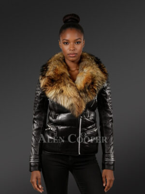 Womens Quilted Leather Biker Jacket with Detachable Raccoon Fur Collar