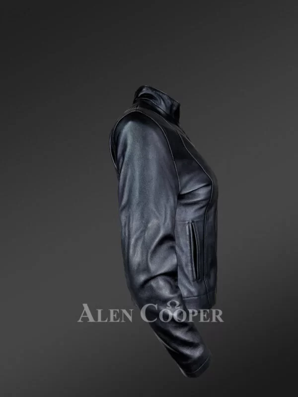 Buttoned neck black leather jacket for women - Image 2