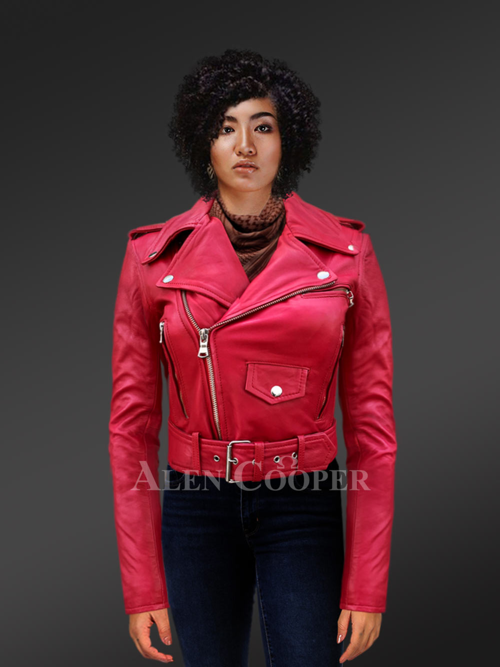 Womens Red Leather Biker Jacket Feature Fashion - Forward Looks with Functionality