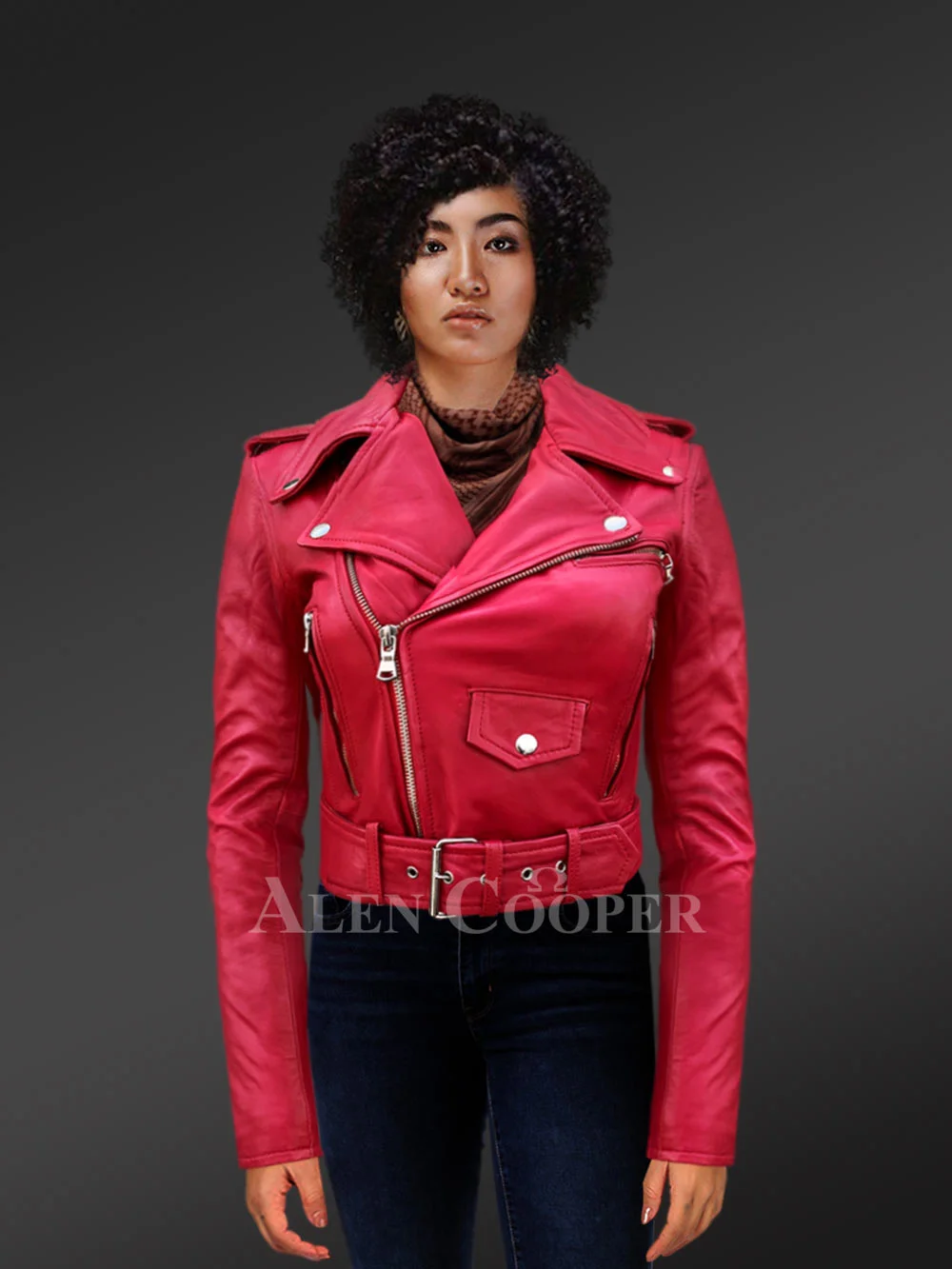 Womens Red Leather Biker Jacket Feature Fashion - Forward Looks with Functionality