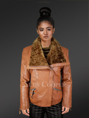 Womens Shearling Jacket in Tan Shade – Look Elegant Enjoying Comfort of Shearling
