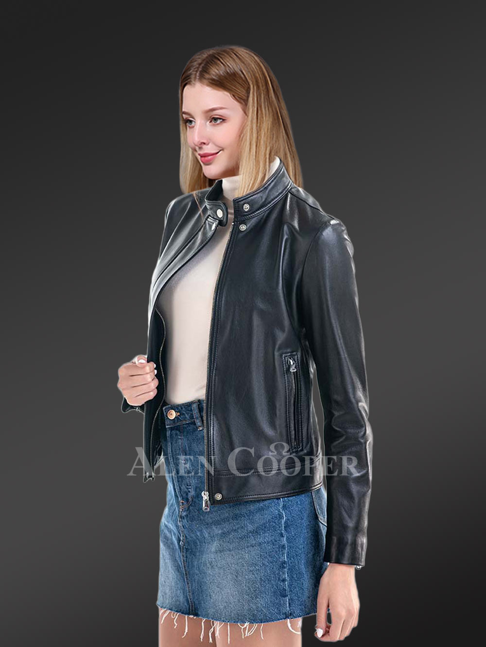 Womens Short Black Leather Jacket– Chic & Comfy Winter Outfit - Image 2