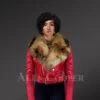 Women's Short Length Moto Jacket With Fur in Burnt Red