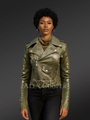 Women's Short Length Moto Jacket in Olive