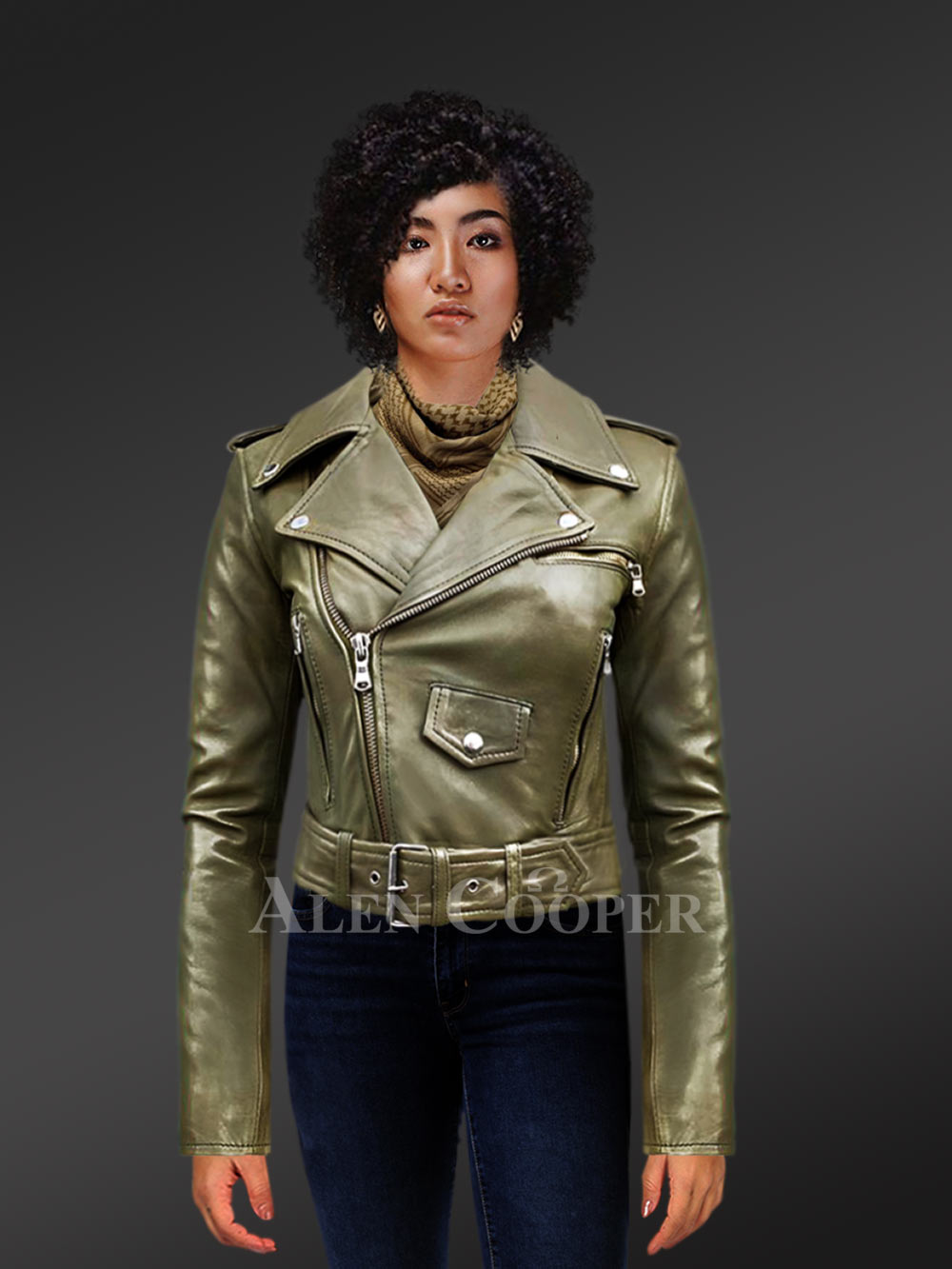 Women's Short Length Moto Jacket in Olive