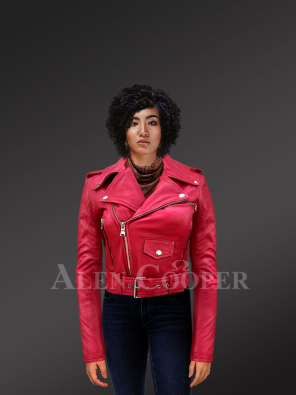 Womens Red Leather Biker Jacket