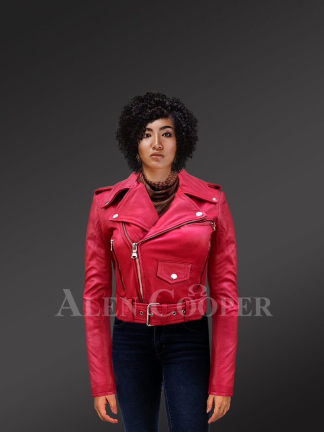 Womens Red Leather Biker Jacket