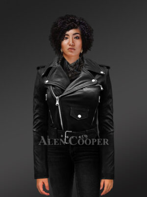 Women’s Short Length Real Leather Black Biker Jacket with Asymmetrical Zipper Closure