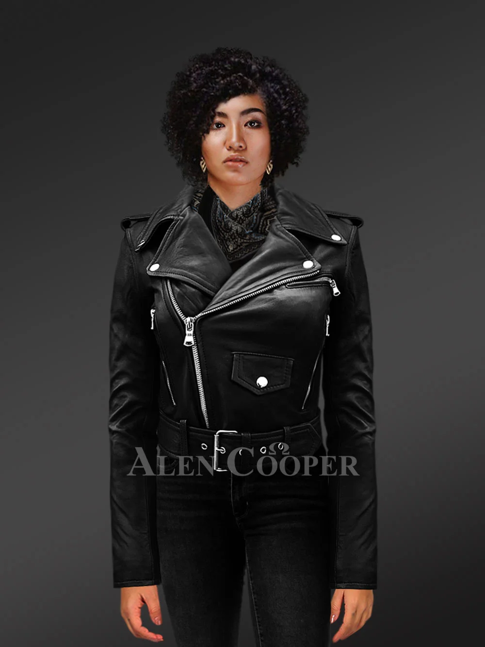 Women’s Short Length Real Leather Black Biker Jacket with Asymmetrical Zipper Closure