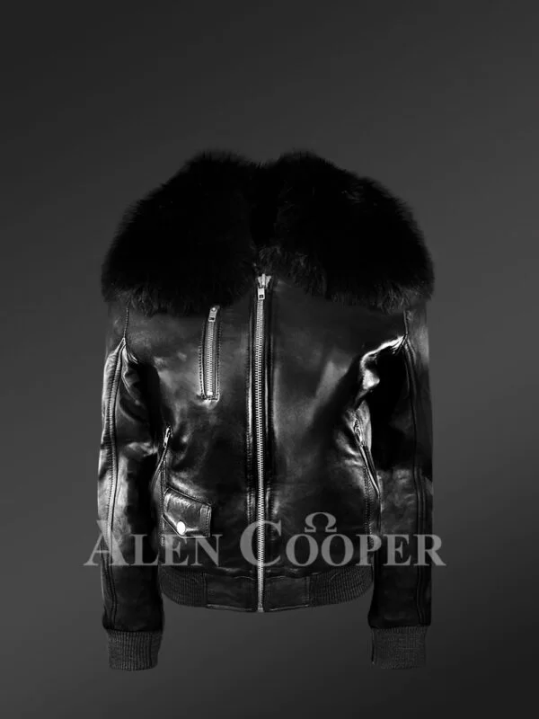 Women’s Slim Fur Bomber with Detachable Fox Fur Collar - Image 2