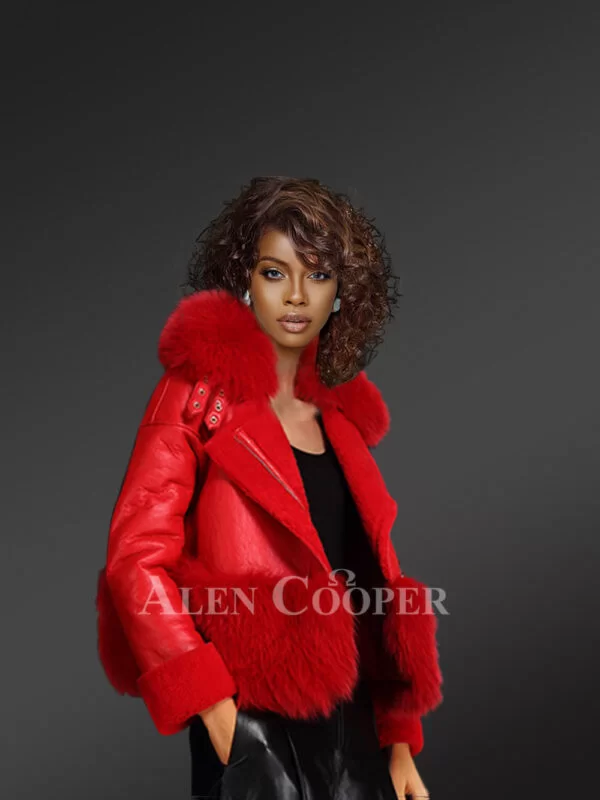 Women’s Unique Super Warm Real Sheepskin-Fur Winter Outerwear in Red
