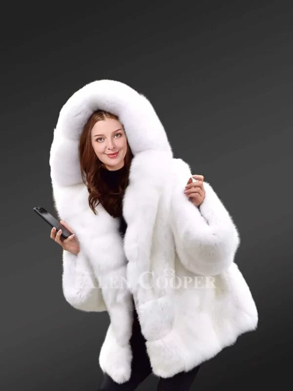 Fox Fur White Coat with Hood for A Graceful Look This Winter - Image 2