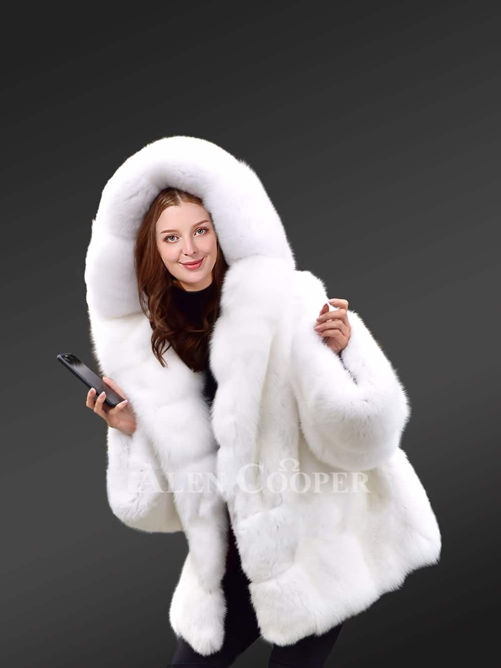 Women's White Fox Fur Coat with Hood