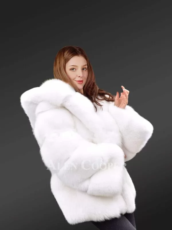 Fox Fur White Coat with Hood for A Graceful Look This Winter - Image 7