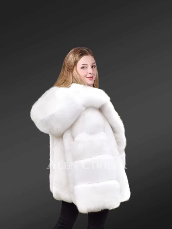 Women's White Fox Fur Coat with Hood