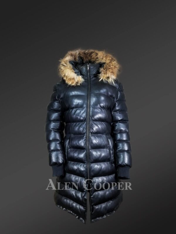 Women’s black Puffy Leather jacket with fur hood