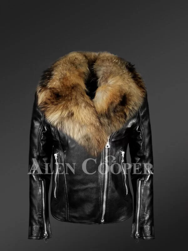 Women’s Chic Black Moto Jacket with Zip-Out Removable Fox Fur Collar - Image 2
