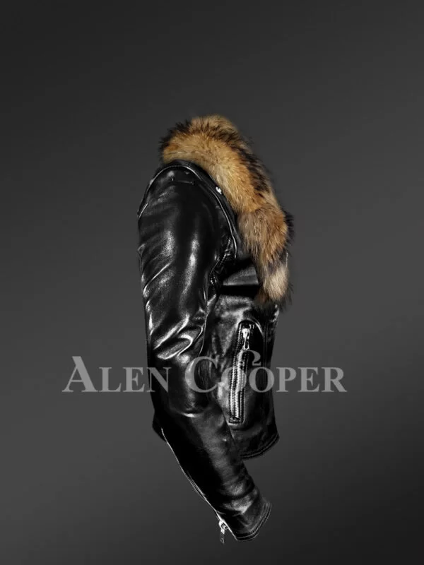 Women’s Chic Black Moto Jacket with Zip-Out Removable Fox Fur Collar - Image 3