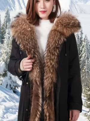 Women’s elegant brown parka with soft raccoon fur hood and long collar