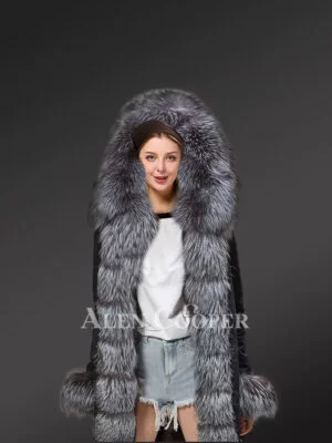 Women’s fox fur hood parka with long fur collar