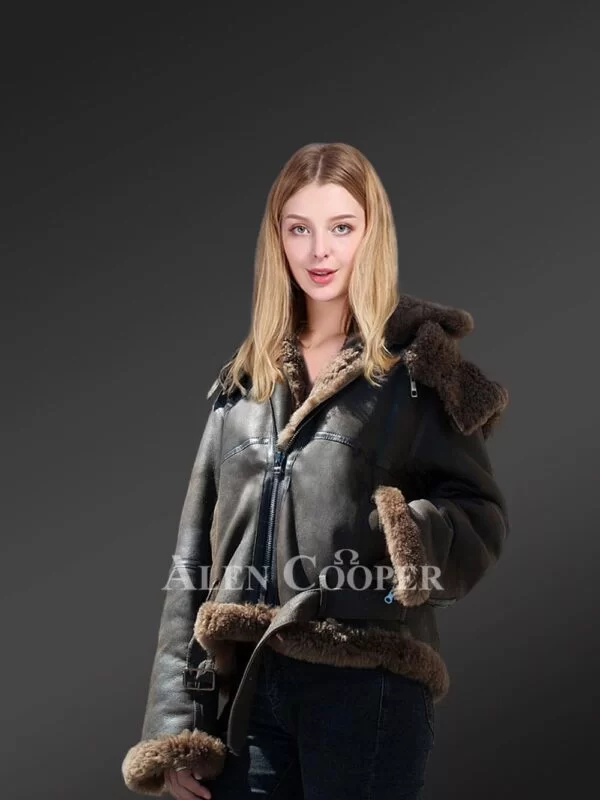 Womens Shearling Jacket in coffee Color - Image 2
