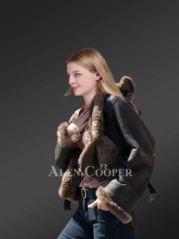 Womens Shearling Jacket in coffee Color - Image 3