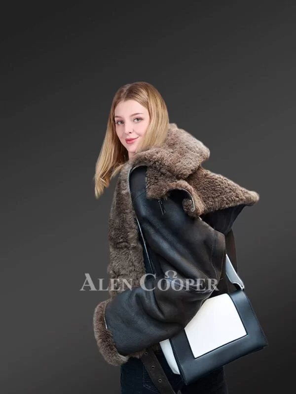 Womens Shearling Jacket in coffee Color - Image 4
