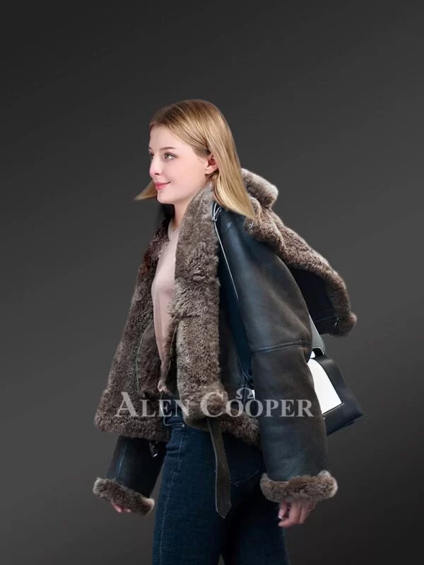 Womens Shearling Jacket in coffee Color - Image 6