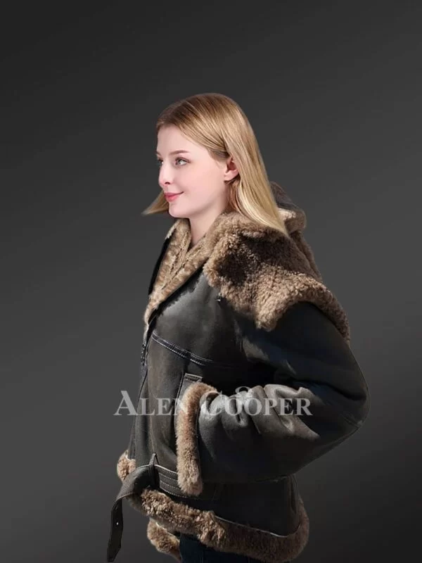Womens Shearling Jacket in coffee Color - Image 5
