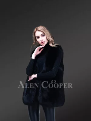 Women’s Mid-Length Genuine Fox Fur Winter Vest in Coal Black