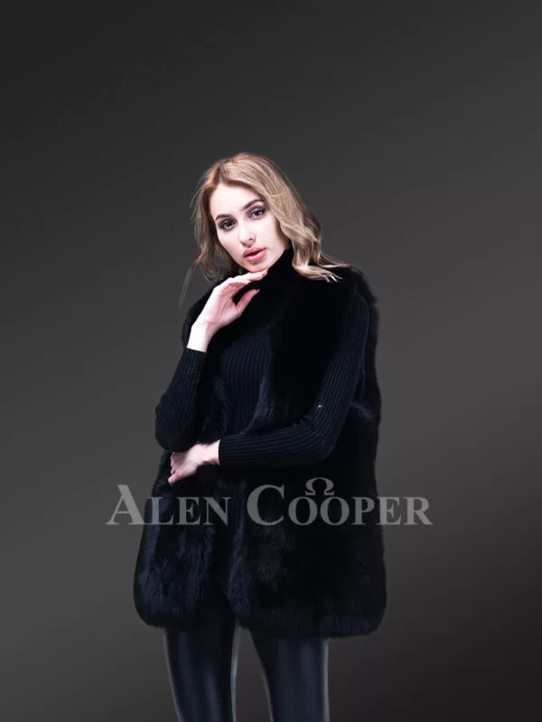 Women’s Mid-Length Genuine Fox Fur Winter Vest in Coal Black