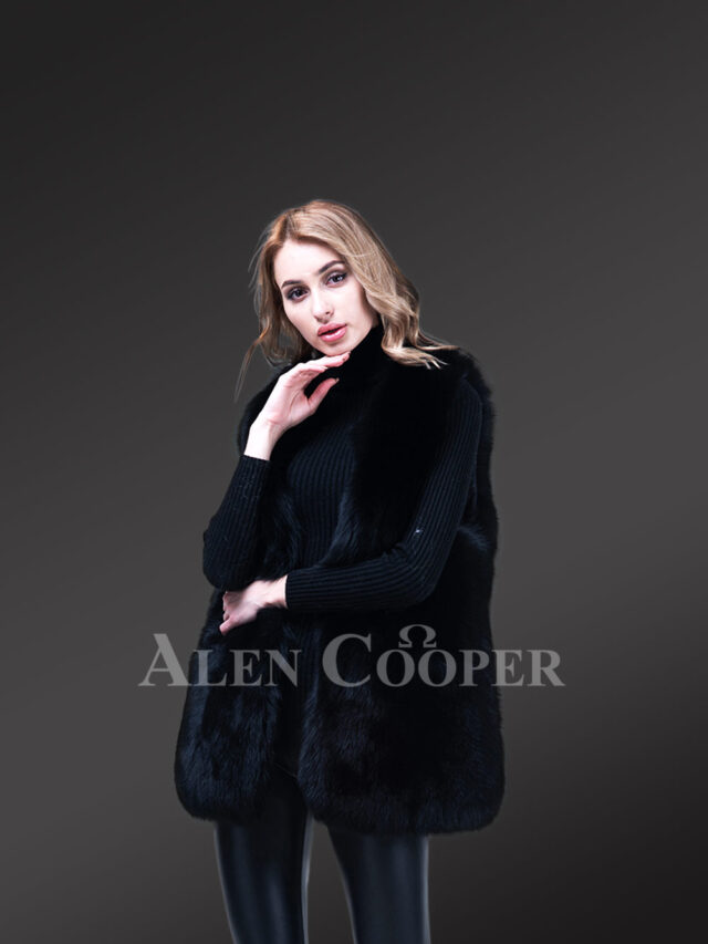 Women’s Mid-Length Genuine Fox Fur Winter Vest in Coal Black