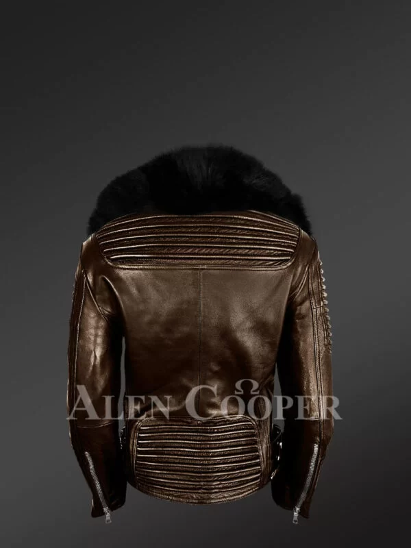 Women’s Plush Coffee Biker Leather Jacket Decked with Black Fox Fur Collar - Image 2