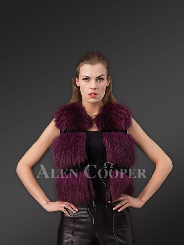 Womens Burgundy Fox Fur Short Vest