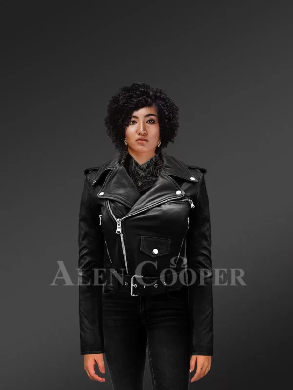 Women’s short length real leather black biker jacket