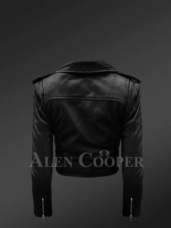 Super Stylish and Trendy Real Leather Black Biker Jacket with Pure Black Fox Fur Collar - Image 7