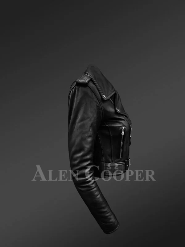 Super Stylish and Trendy Real Leather Black Biker Jacket with Pure Black Fox Fur Collar - Image 6