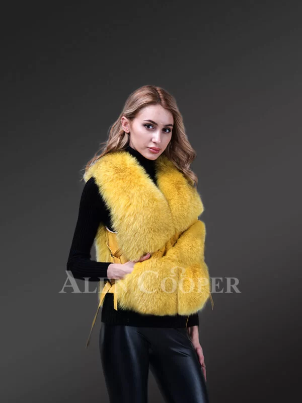 Sleeveless Fox Fur Womens Vest in Yellow- Glamorizing the Wintry Mood - Image 4